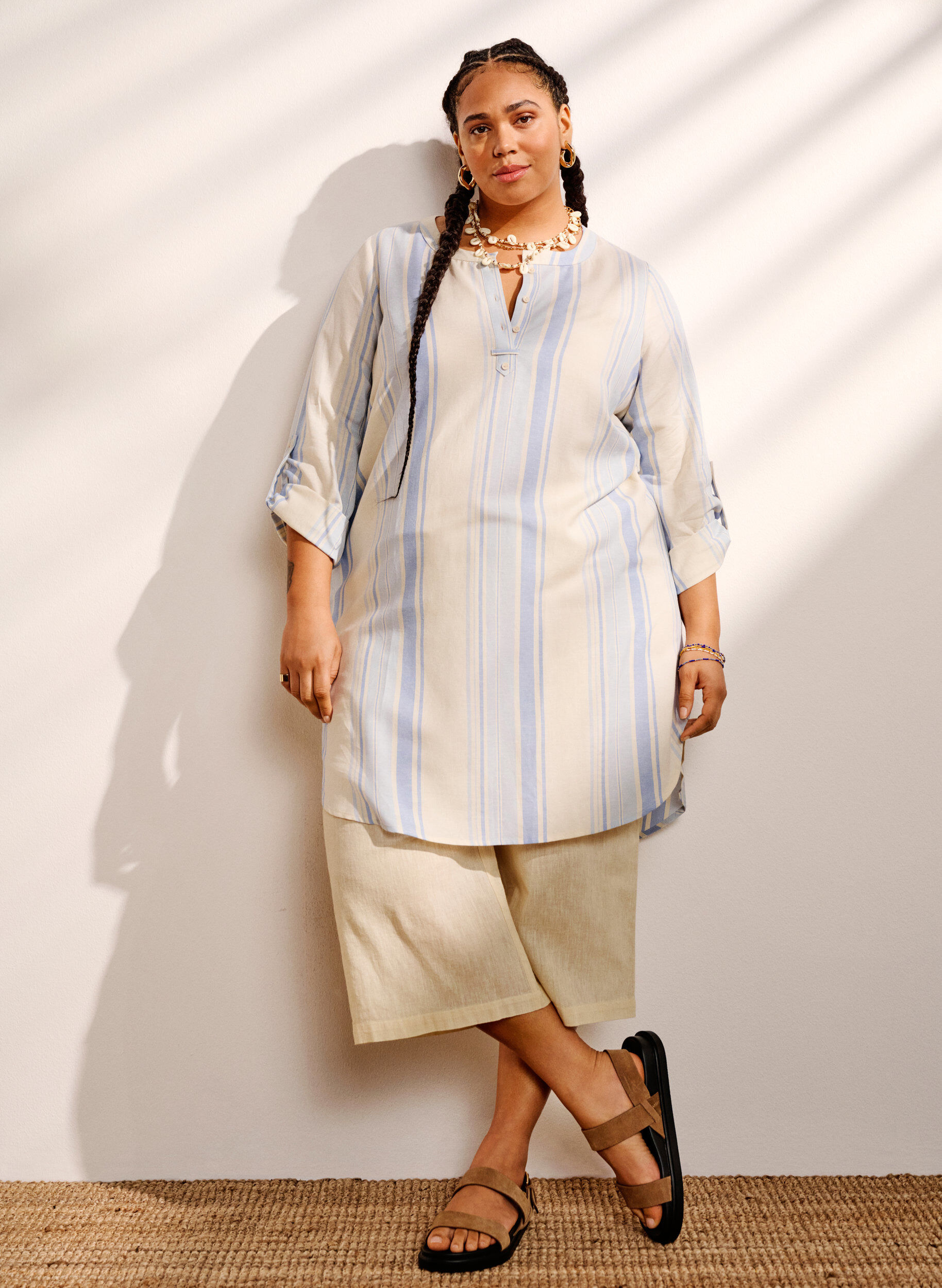 Zizzi Stripete kjole med lange ermer, Birch w. Stripes, Image image number 0