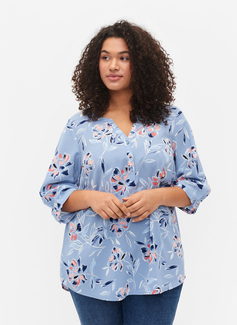 Bluse med print og 3/4 ermer, Outline Flower, Model image number 0