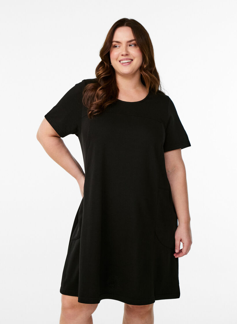 Jerseykjole med korte ermer og lommer, Svart, Model image number 0