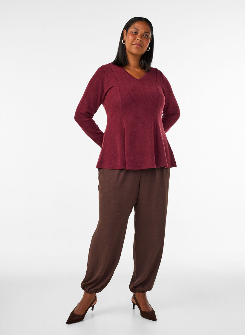 Jersey bluse med ribbet tekstur og A-linje passform, R&oslash;d, Model image number 1
