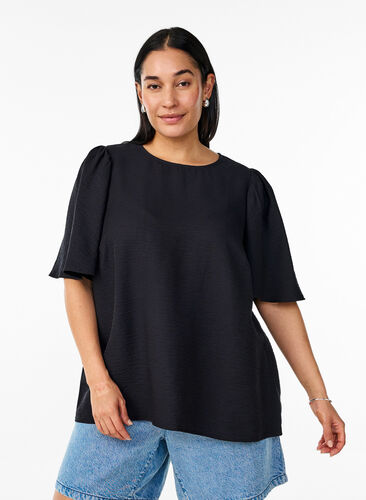Zizzi Bluse med korte, vide ermer, Svart, Model image number 0
