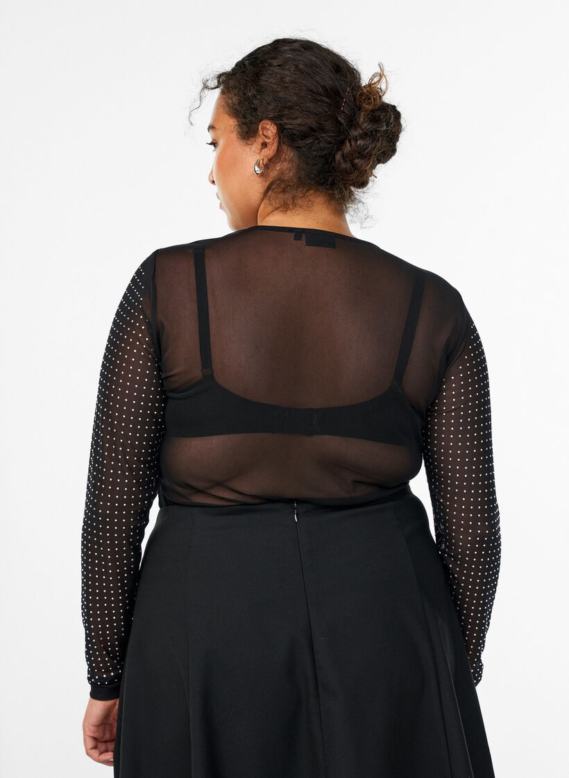 Bluse i mesh med rhinesteiner og lange ermer, Svart, Model image number 2