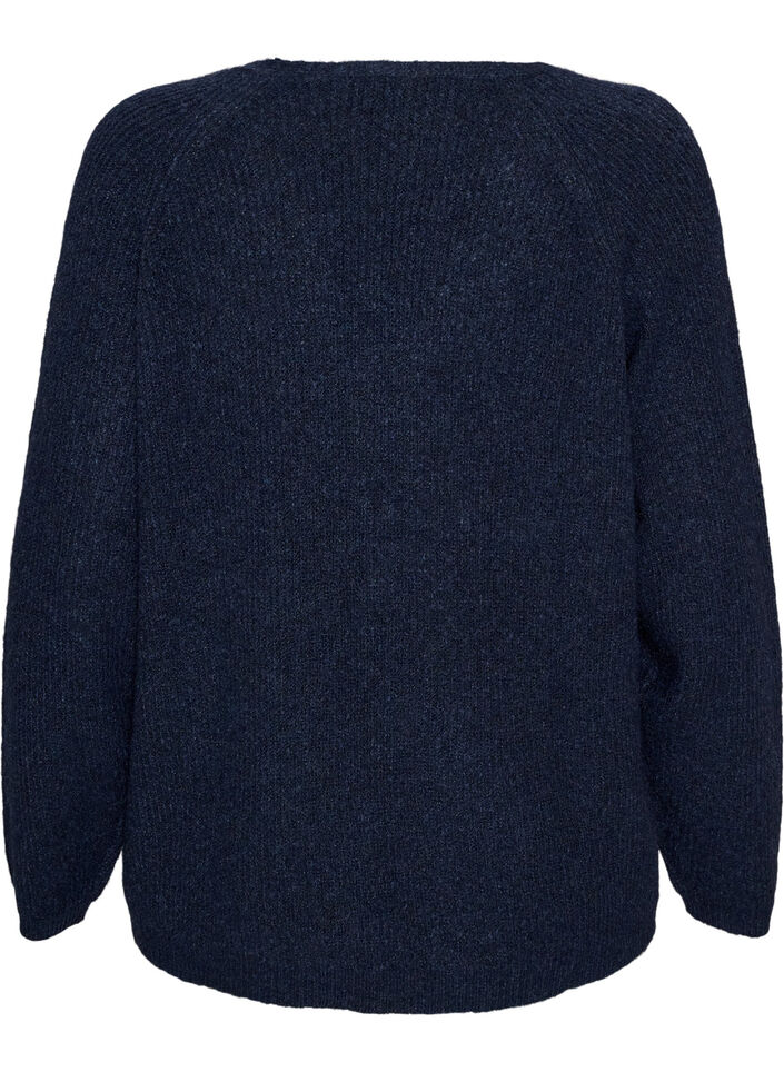 Strikkebluse med V-hals og raglanermer, Bl&aring;, Packshot image number 1