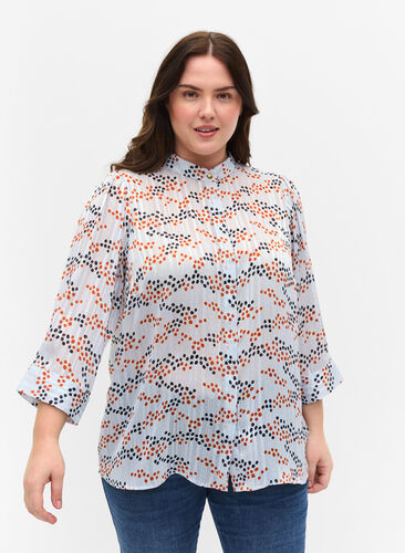 Mønstrete skjortebluse med 3/4 ermer, Multi Dot, Model image number 0