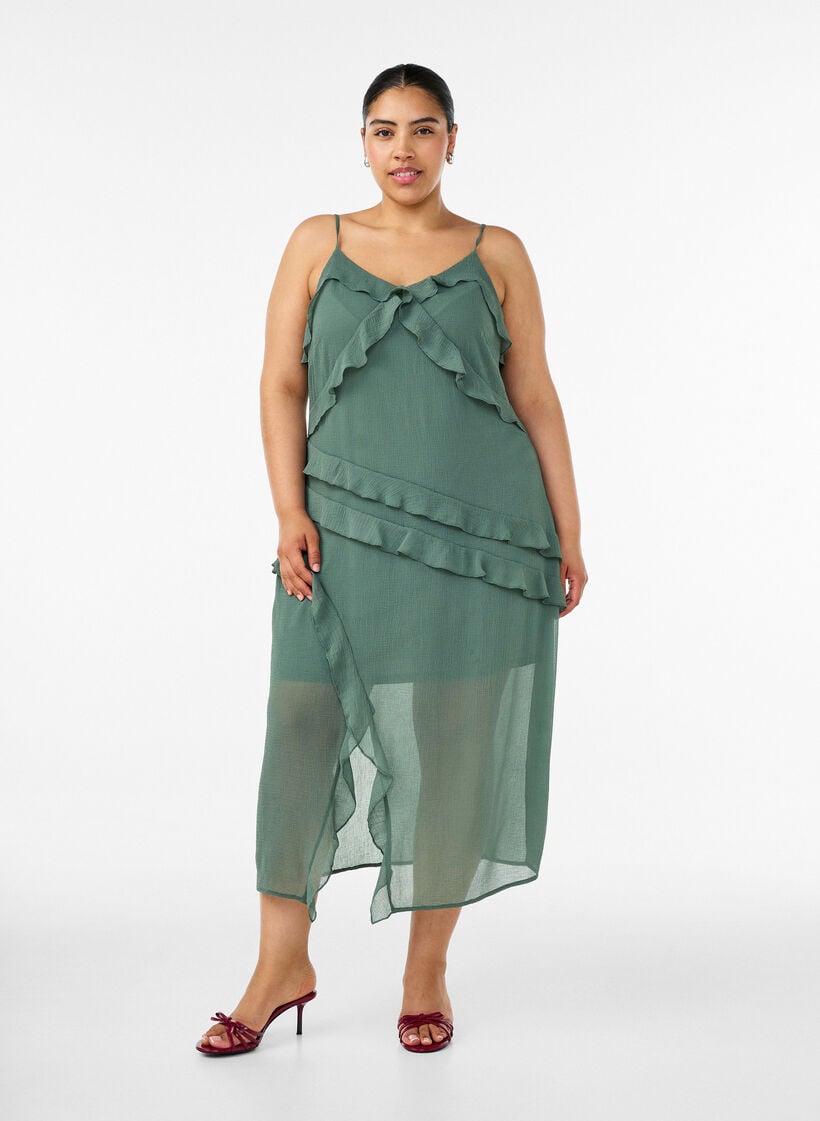 Chiffonkjole med asymmetriske volanger, Gr&oslash;nn, Model image number 0