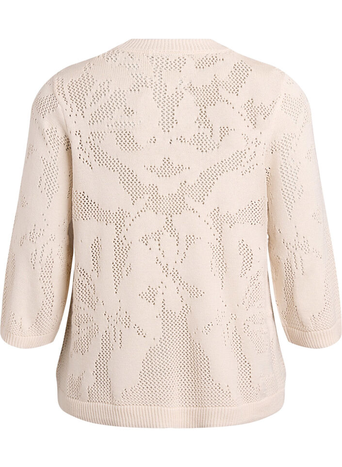 Strikket bluse med åpent mønster og 3/4-ermer, Birch, Packshot