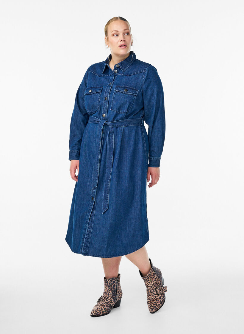Mididenimkjole med knytebelte, Dark Blue Denim, Model