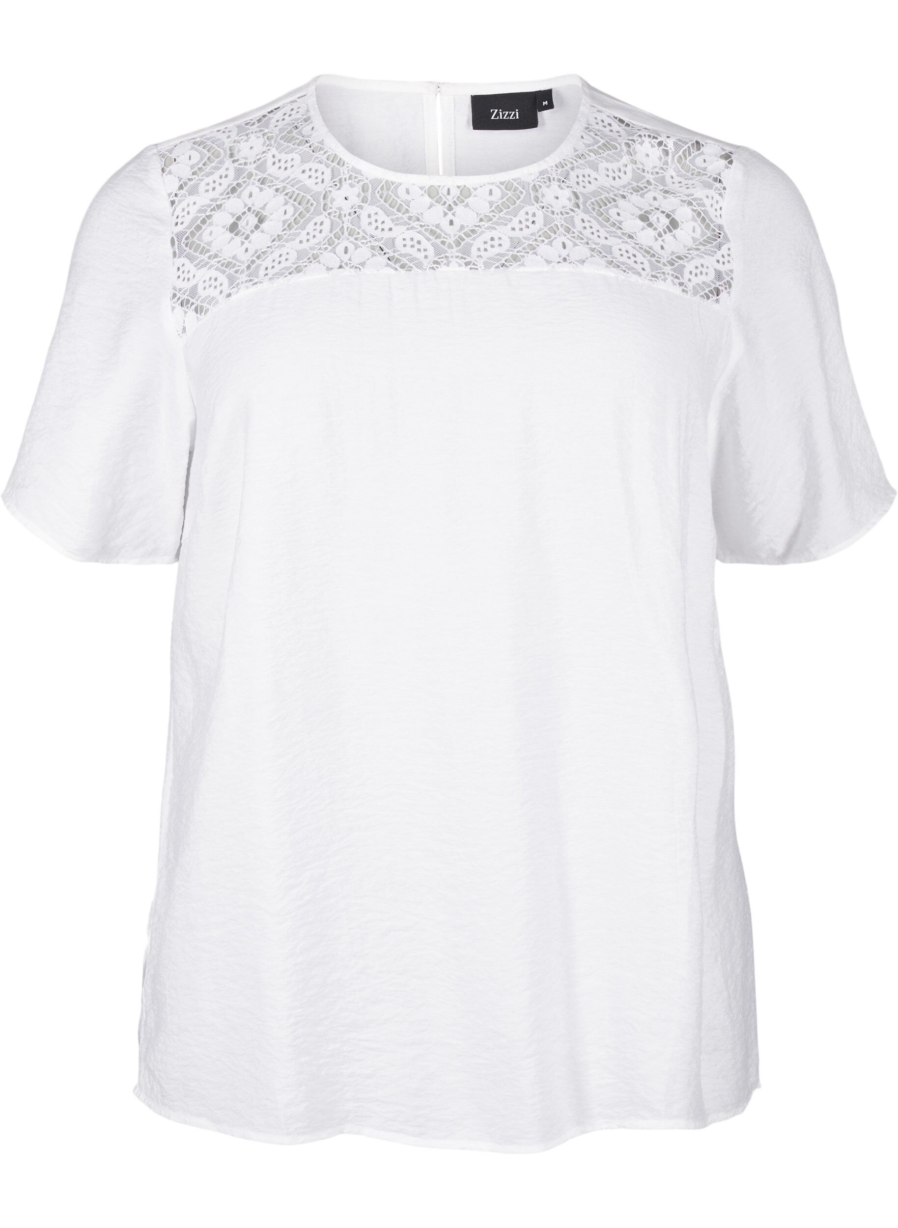 Zizzi Kortermet bluse i viskose med blondedetaljer, Bright White, Packshot image number 0
