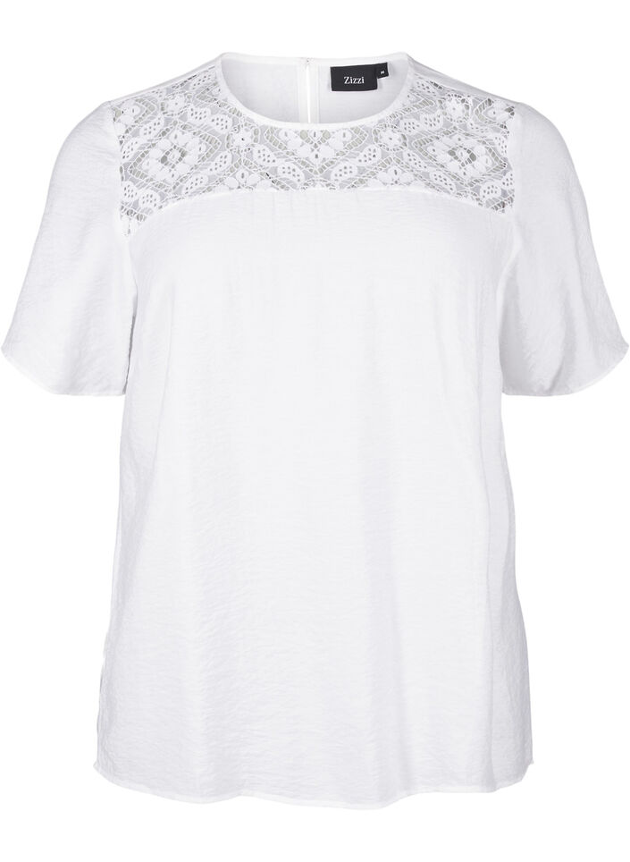 Kortermet bluse i viskose med blondedetaljer, Bright White, Packshot image number 0