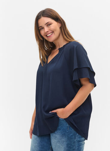 Bluse med korte ermer og V-hals, Navy Blazer, Model image number 0