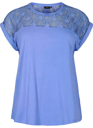 T-skjorte i bomull med blonder, Persian Jewel, Packshot image number 0