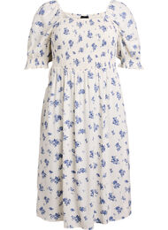 Blomstrete midikjole av viskose med smock, Hvit