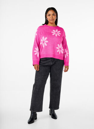 Zizzi Strikket bluse med blomster, Raspberry Rose Comb, Model image number 2