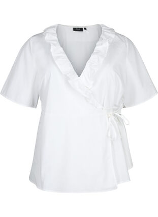 Kortermet bluse med volangdetaljer, Bright White, Packshot image number 0
