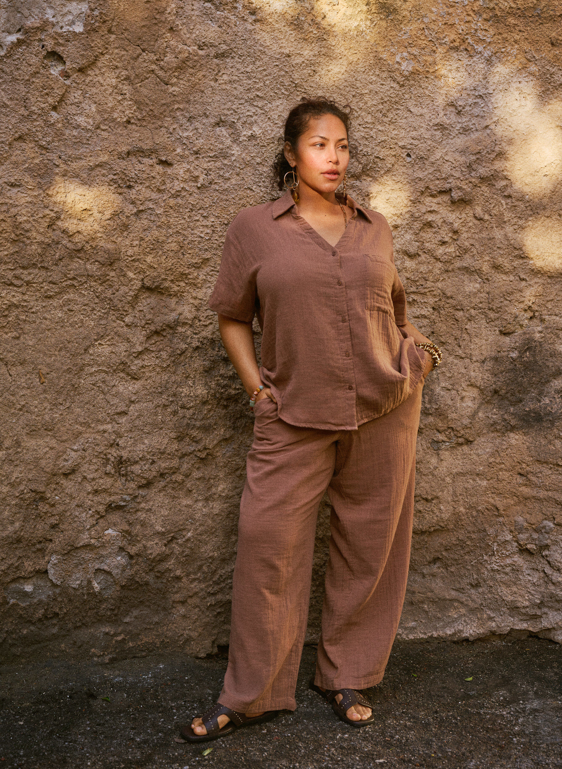 Zizzi Bomulls bukser med h&oslash;y midje og l&oslash;se ben, Brun, Image image number 0