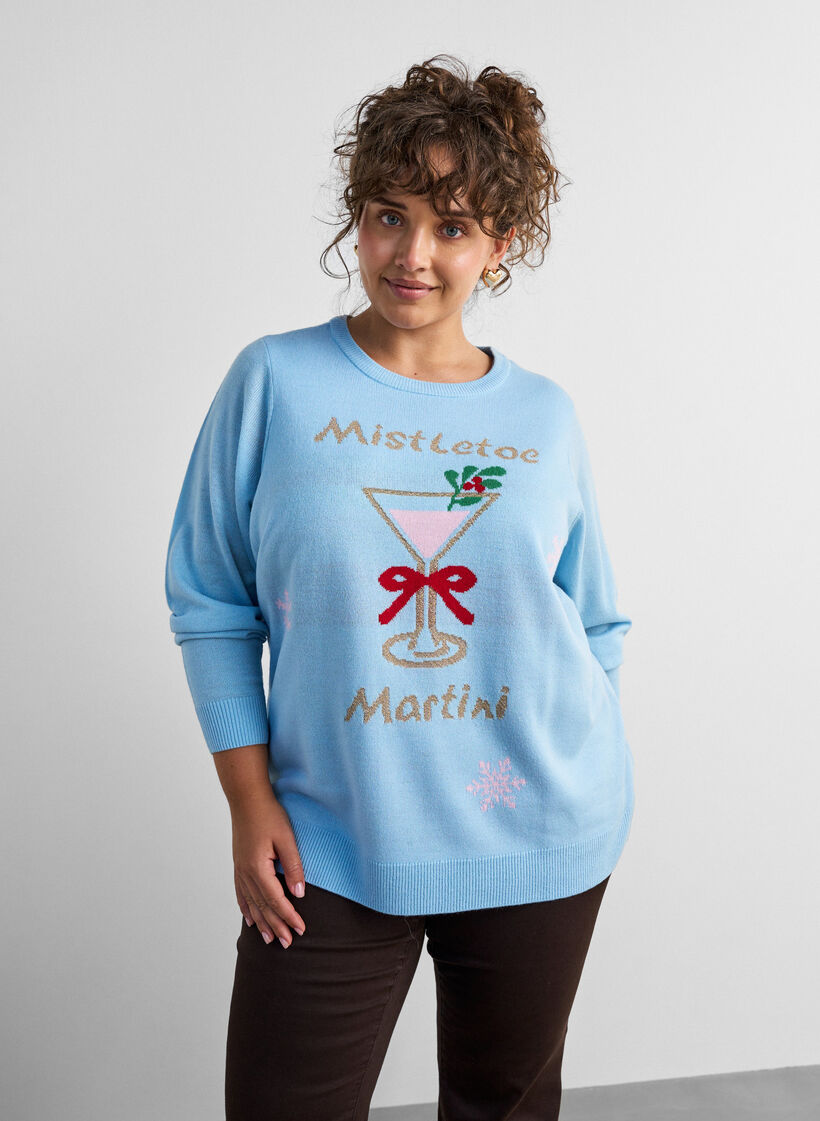 Strikkebluse med julemotiv, Bl&aring;, Model image number 0