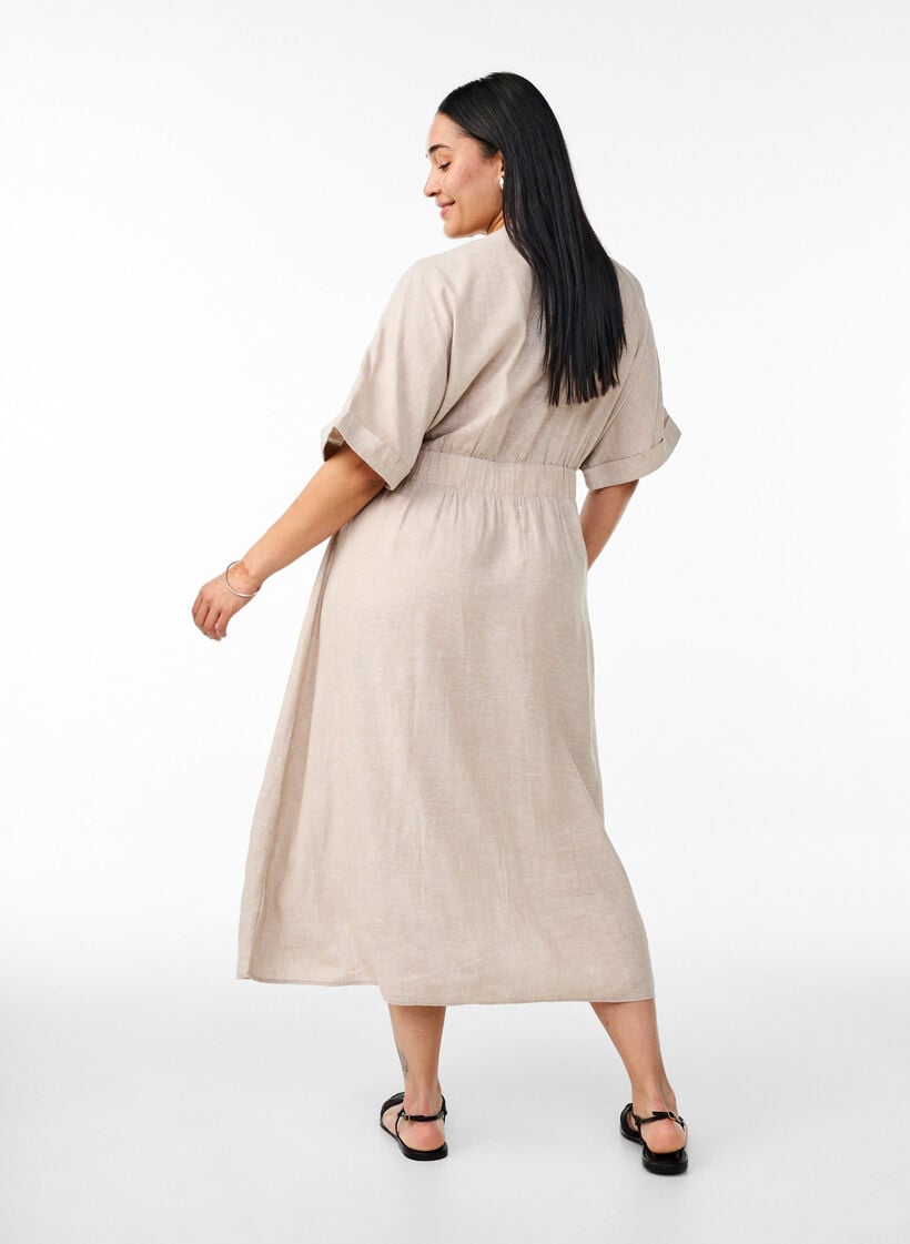 Midikjole i lin og viskose med splitt foran, Beige, Model image number 1