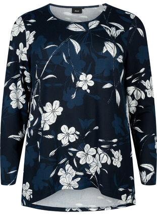 Blomstret bluse med lange ermer, Navy B. Flower AOP, Packshot image number 0
