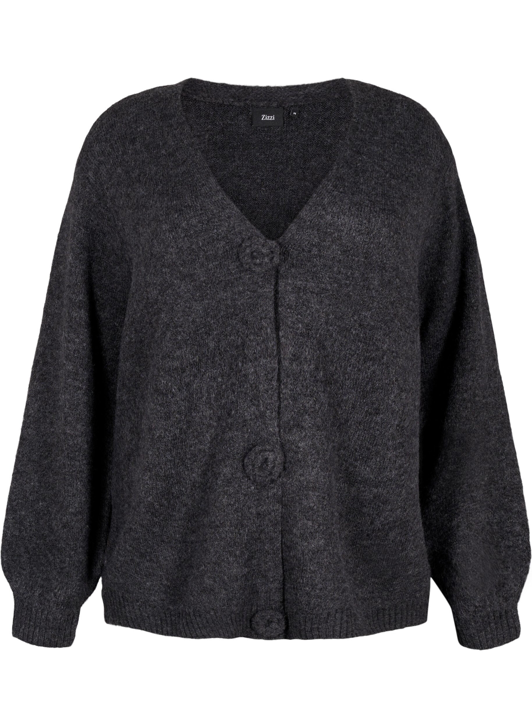 Zizzi Kort strikket cardigan med blomsterknapper, Dark Grey Melange, Packshot image number 0