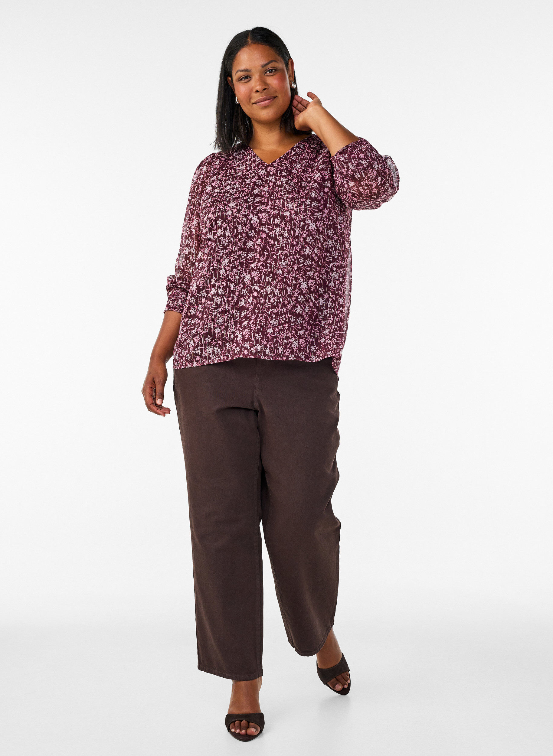 ZizziBluse med blomstertrykk og glittertr&aring;d, R&oslash;d, Model image number 1