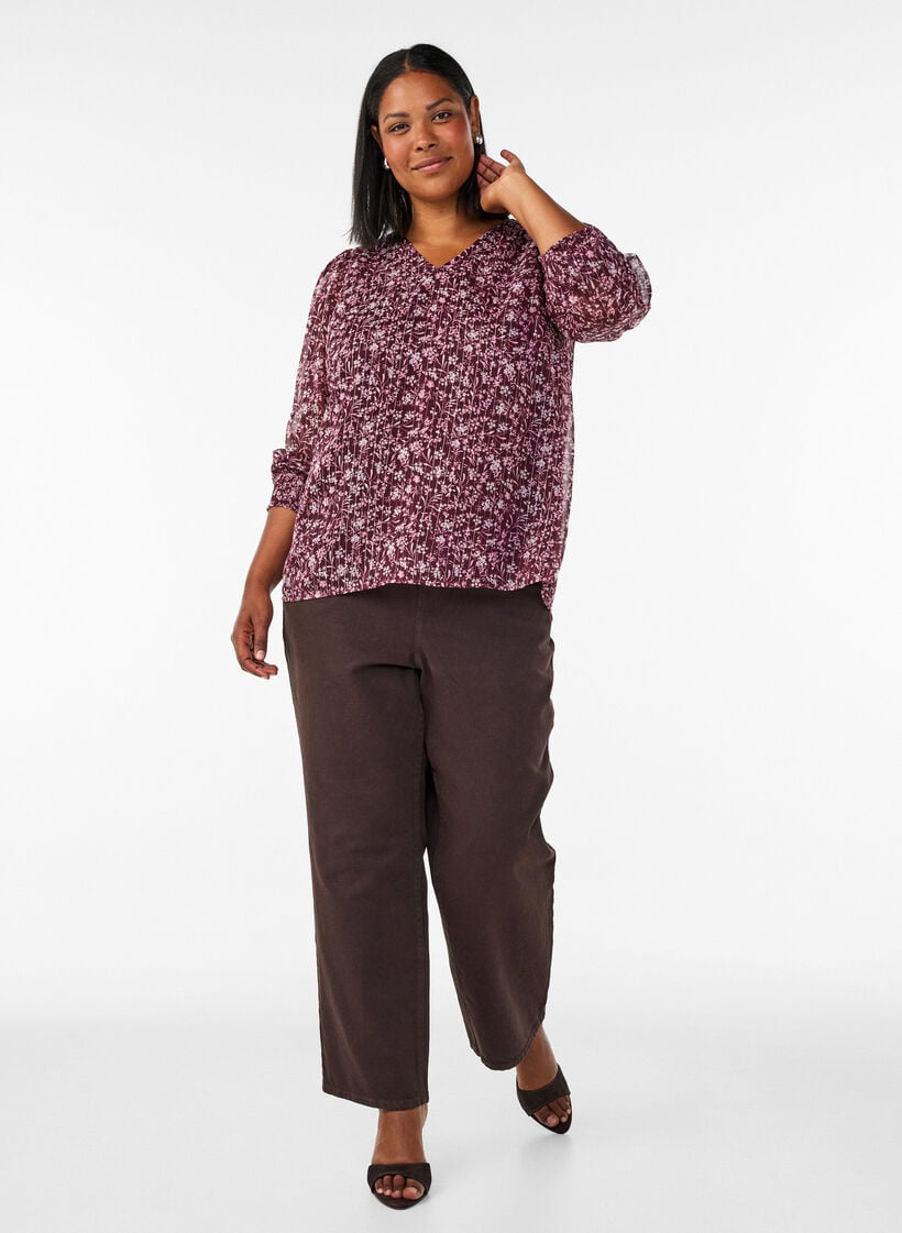 Bluse med blomstertrykk og glittertr&aring;d, R&oslash;d, Model image number 1
