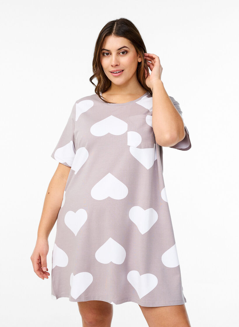 Lang nattskjorte i en modalblanding med hjerter, Grå, Model image number 0