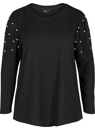 Bluse med lange ermer og dekorative perler, Black, Packshot image number 0