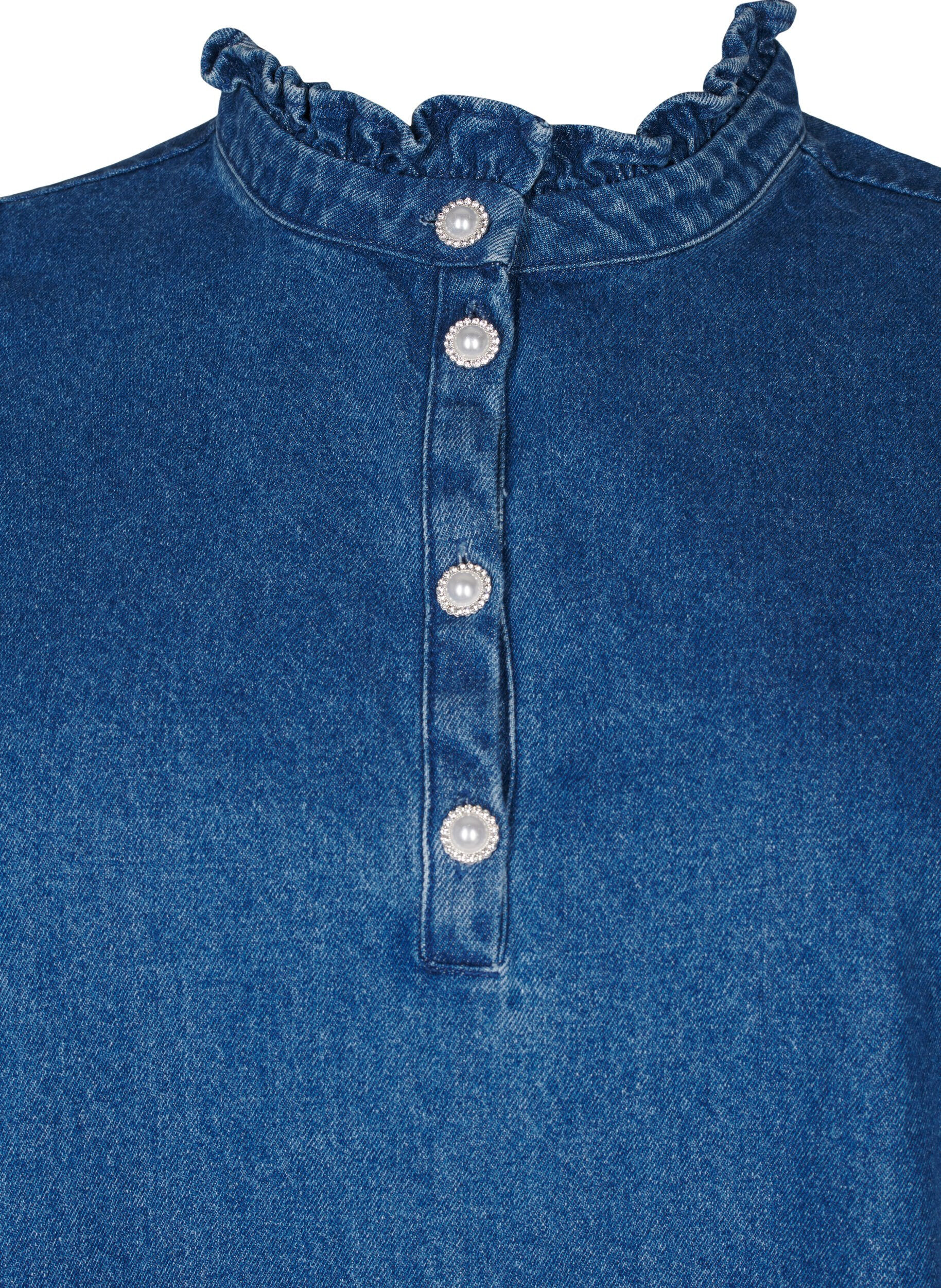 Zizzi Denimkjole med volanger og A-snitt, Blue Denim, Packshot image number 2