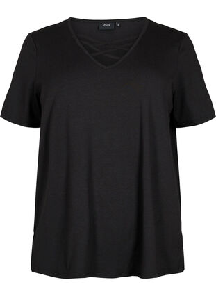 T-skjorte med V-hals og kryssdetalj, Black, Packshot image number 0