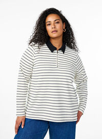 Stripete poloskjorte med glidelås, Hvit Stripete poloskjorte med glidelås, Hvit, Model