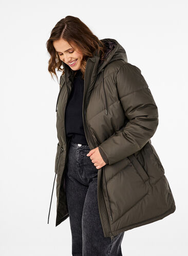 Zizzi Vannavstøtende pufferjakke med hette, Brun, Model image number 0