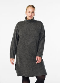 Kort strikket kjole med høy hals og ribbestruktur, Grå Kort strikket kjole med høy hals og ribbestruktur, Grå, Model