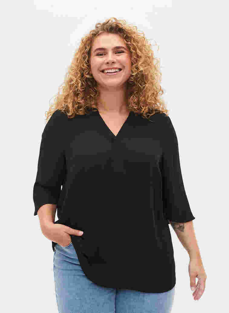 Bluse med 3/4 ermer og V-hals, Black, Model