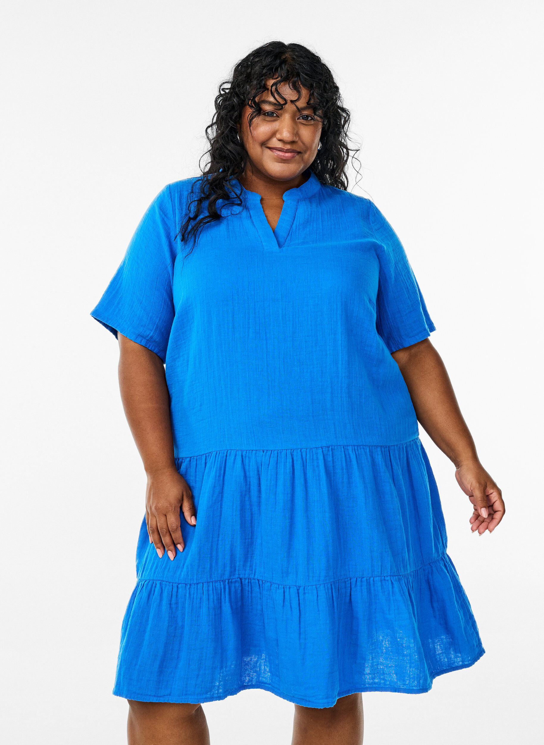 ZizziKort A-linjekjole i bomullsmuslin, Bl&aring;, Model image number 0