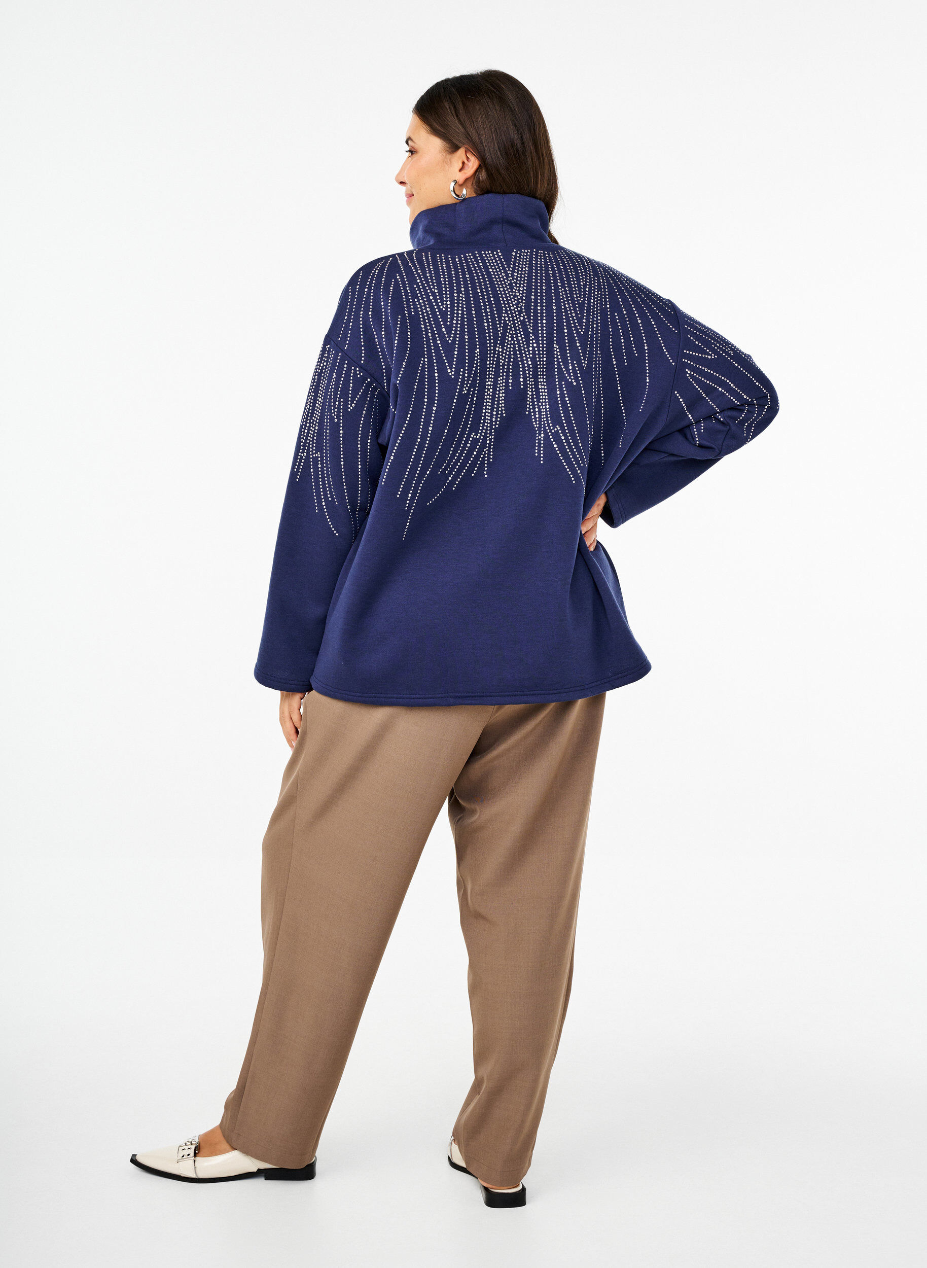 Zizzi Bukser med h&oslash;yt liv, volanger og knytebelte, Walnut Melange, Model image number 1