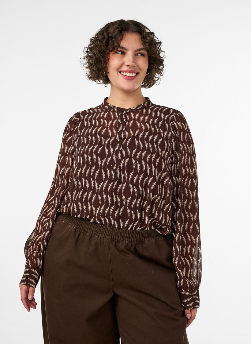 Bluse med heldekkende trykk og kort knappestolpe, Brun, Model image number 0