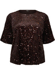 Paljettbluse med albuelange ermer, Brun