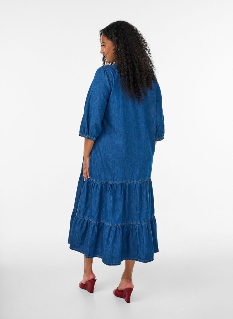 Denim maxikjole med volang lag, Bl&aring;, Model image number 1