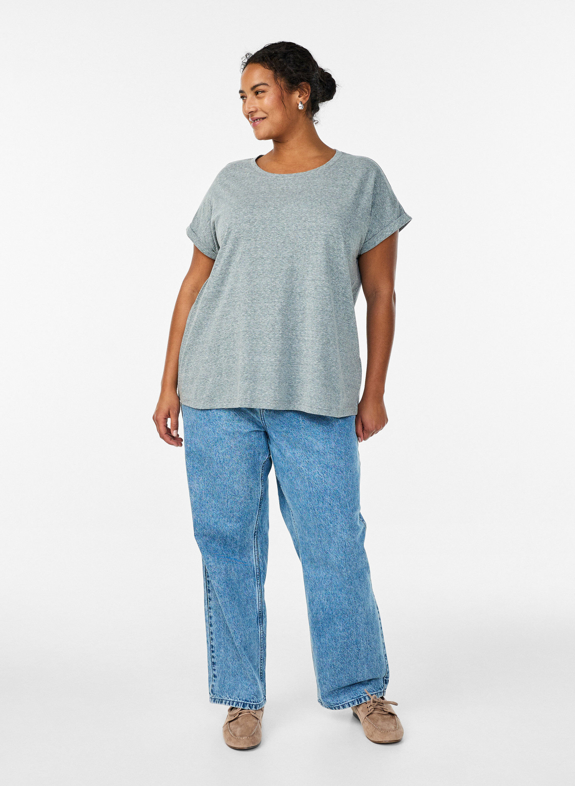 Zizzi Melert T-skjorte med korte ermer, Gr&oslash;nn, Model image number 1