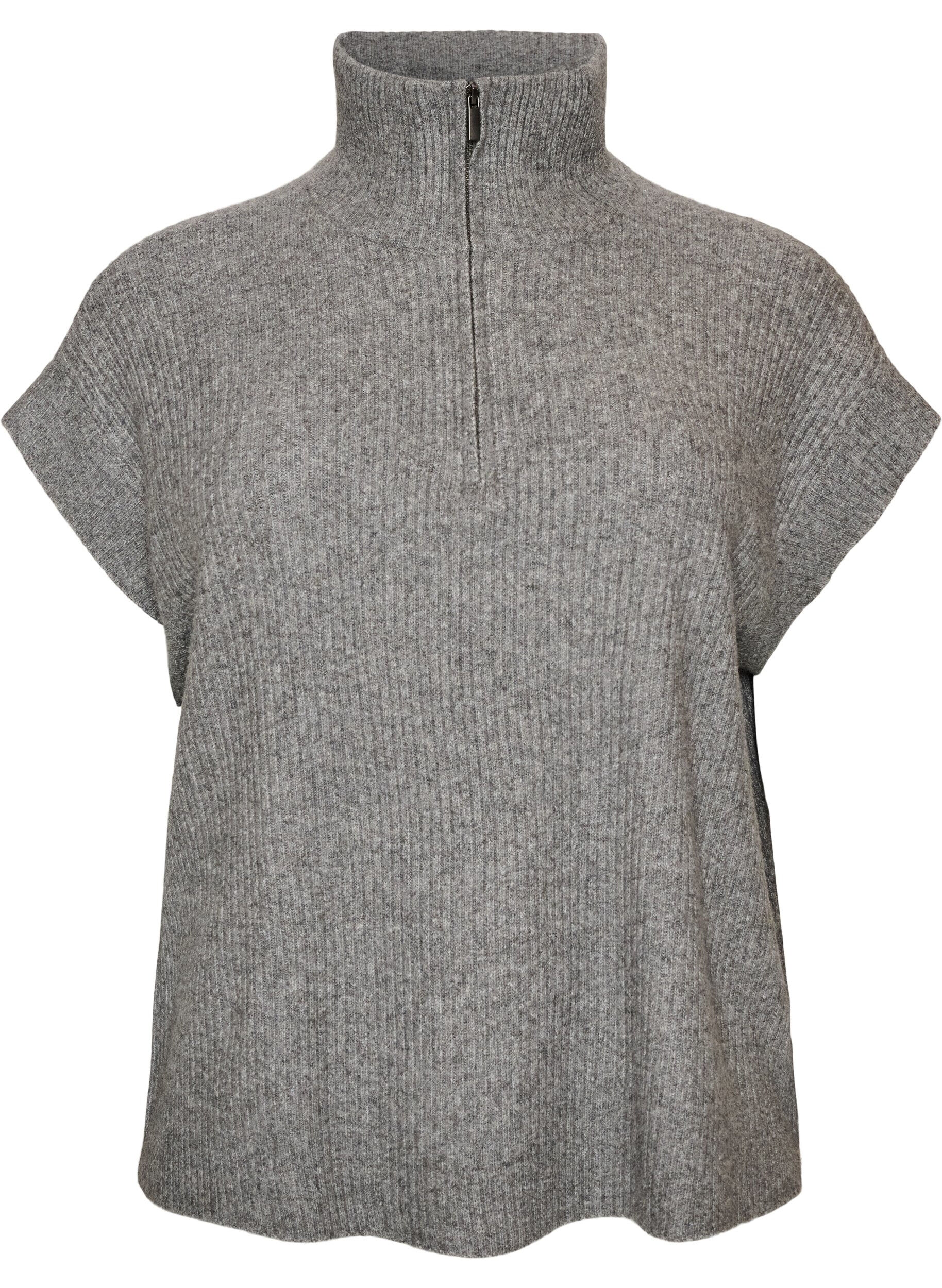 ZizziStrikket vest med h&oslash;y hals og kort glidel&aring;s, Gr&aring;, Packshot image number 0