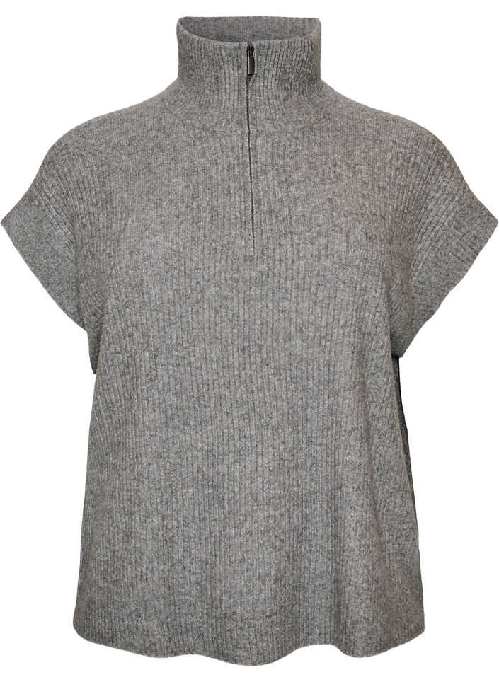 Strikket vest med h&oslash;y hals og kort glidel&aring;s, Gr&aring;, Packshot image number 0