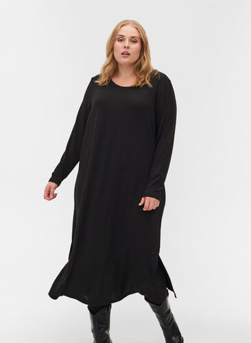 Ensfarget kjole med lange ermer og splitt, Black, Model image number 0