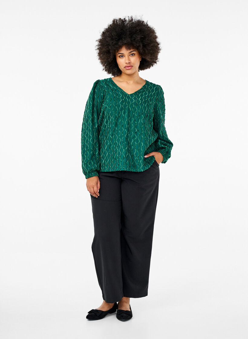 Langermet m&oslash;nstret bluse med V-hals, Rain Forest, Model image number 2