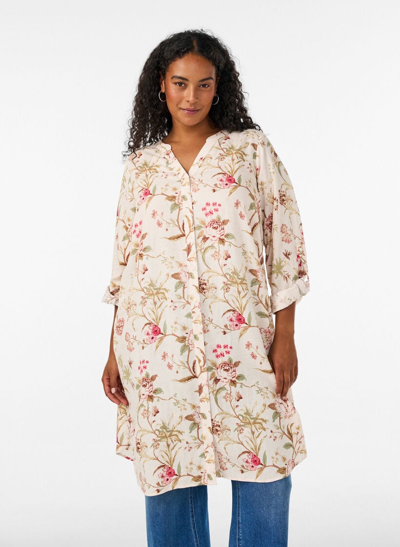 Lang skjorte i lin og viskose, Vanilje, Model image number 0