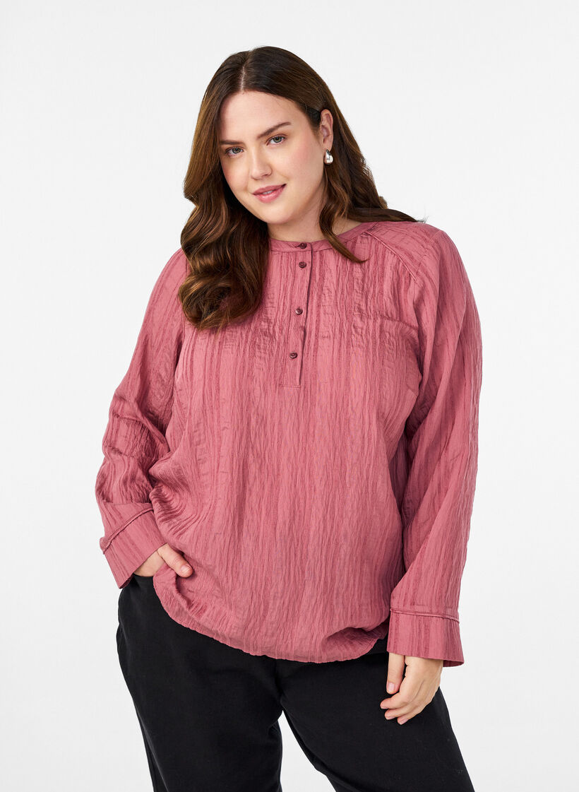 Bluse med tone-på-tone tekstur og knapper, Rosa, Model image number 0