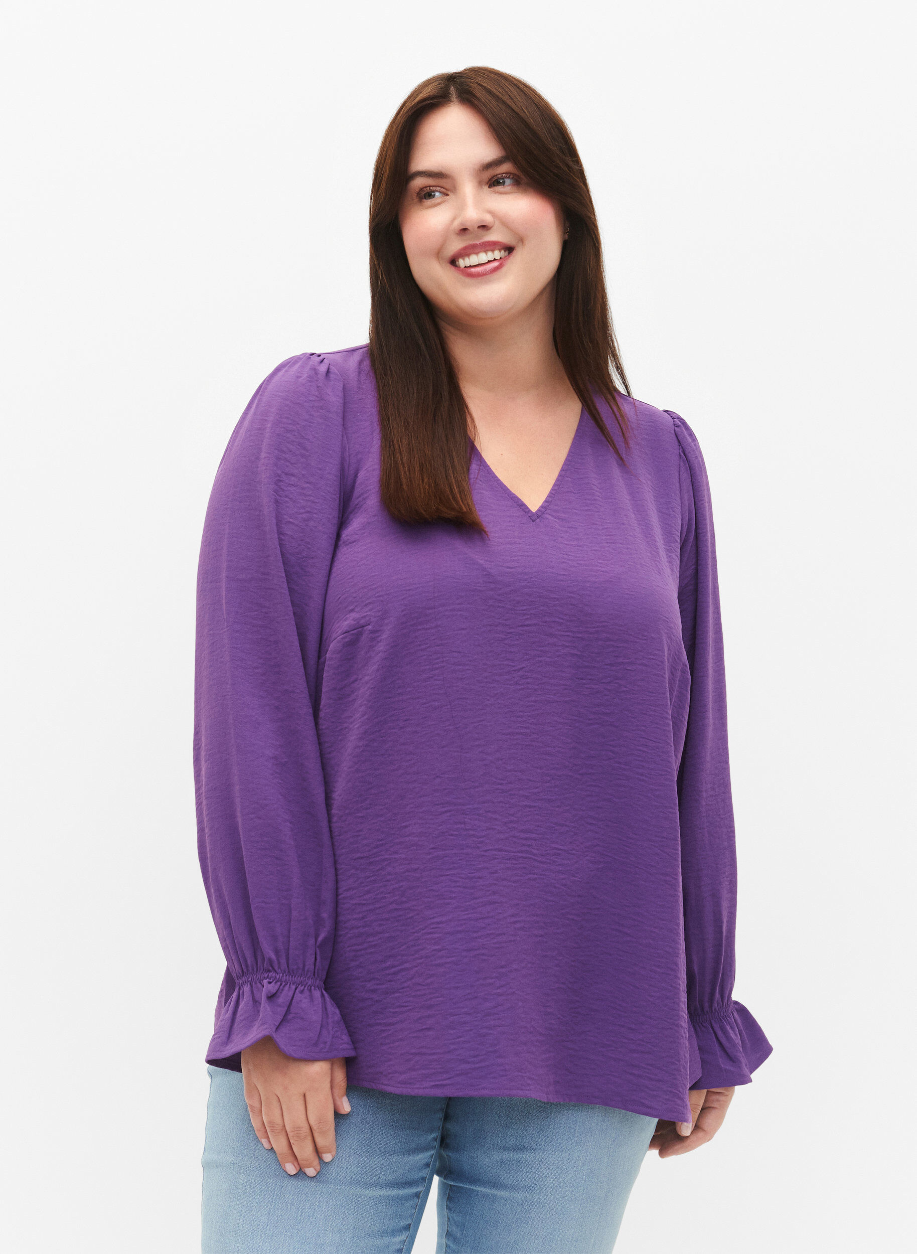 Zizzi Bluse med V-hals og lange ermer, Pansy, Model image number 0