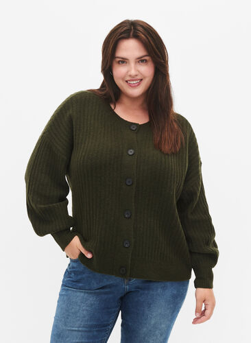 Strikket ribbestrikket cardigan med knapper, Forest Night Mel., Model image number 0