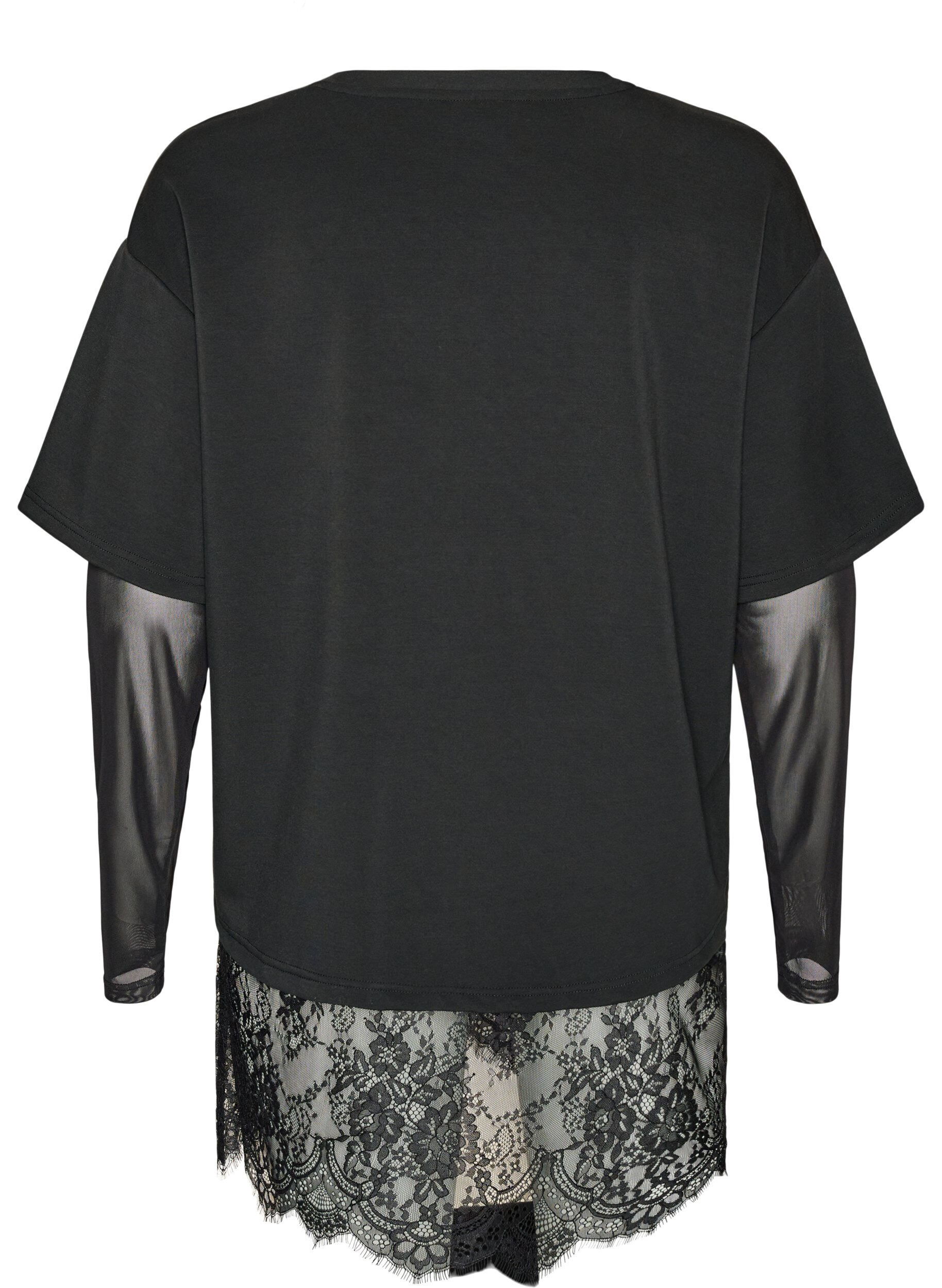 ZizziBluse med mesh-ermer og blondekant, Svart, Packshot image number 1