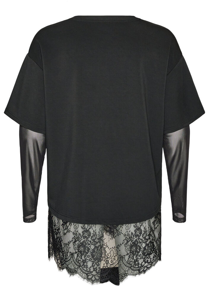 Bluse med mesh-ermer og blondekant, Svart, Packshot image number 1