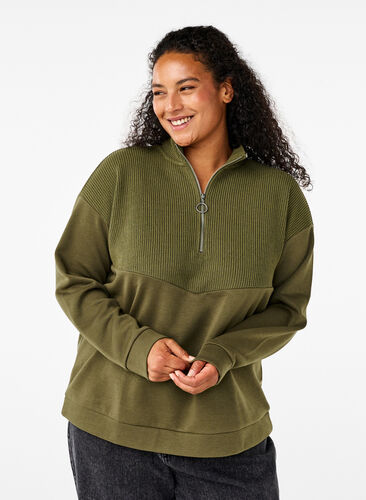 Zizzi Genser med strikkevarer og glidelås, Winter Moss, Model image number 0